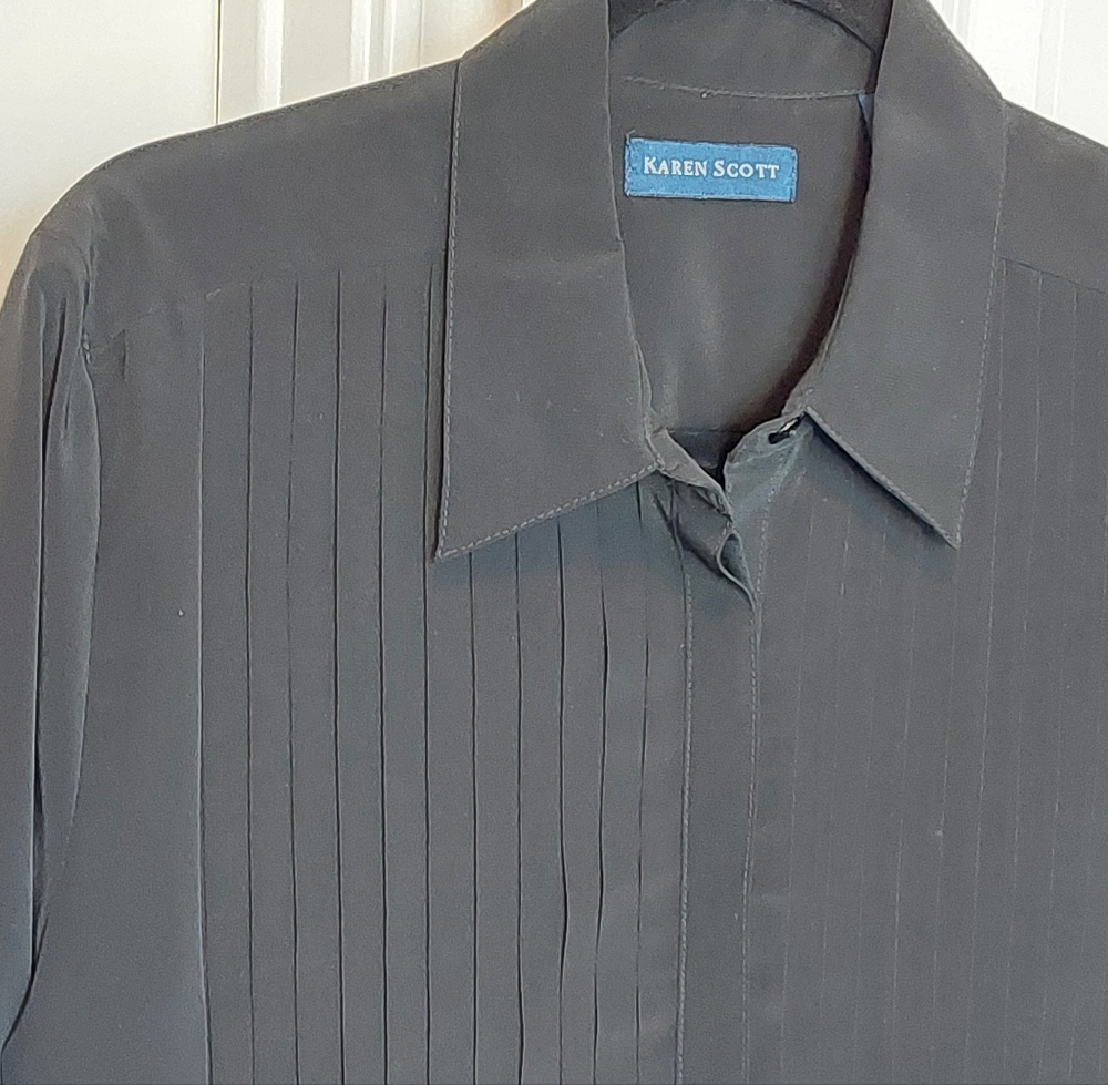 Vtg 90s Karen Scott Black Pleated Blouse / Shirt with Hidden Buttons Large